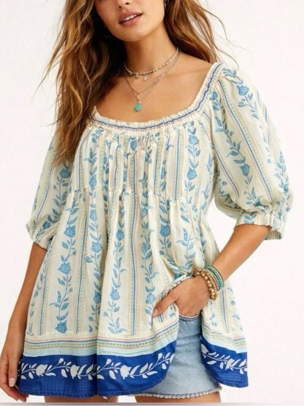 Boho Floral Peasant Top in Cream and Light Blue